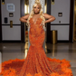 Orange African American Prom Dresses Mermaid Sheer Sequins Beaded Feather Black Girls Nigeria Robe De Soiree Evening Dress Gown