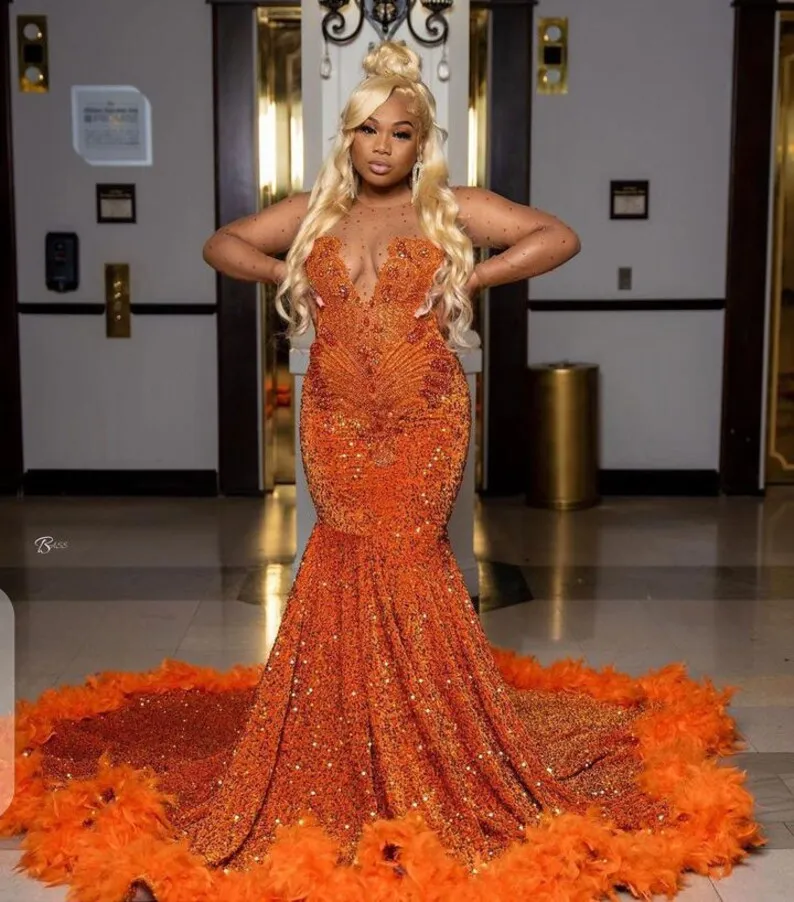 Orange African American Prom Dresses Mermaid Sheer Sequins Beaded Feather Black Girls Nigeria Robe De Soiree Evening Dress Gown