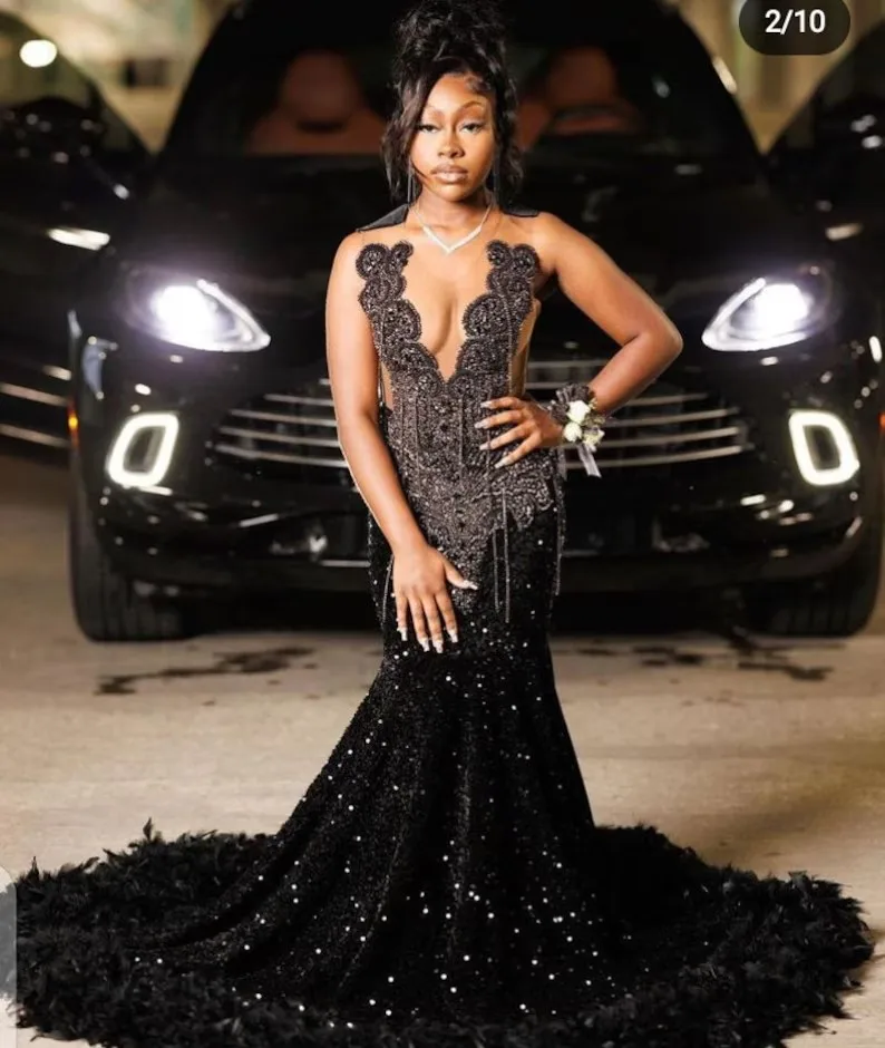 Black African American Prom Dresses Mermaid Sheer Sequins Beaded Feather Black Girls Nigeria Robe De Soiree Evening Dress Gown