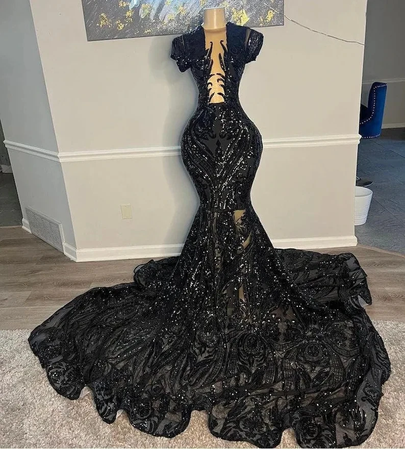 Black African American Prom Dresses Mermaid Short Sleeves Lace Black Girls Nigeria Robe De Soiree Evening Dresses Gown