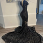 Black African American Prom Dresses Mermaid Short Sleeves Lace Black Girls Nigeria Robe De Soiree Evening Dresses Gown