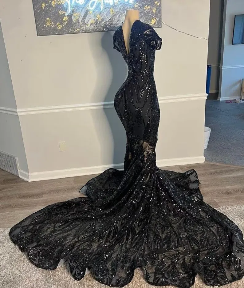 Black African American Prom Dresses Mermaid Short Sleeves Lace Black Girls Nigeria Robe De Soiree Evening Dresses Gown