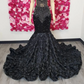 Black African American Prom Dresses Mermaid Sheer Sequins Floral Beaded Black Girls Nigeria Robe De Soiree Evening Gown