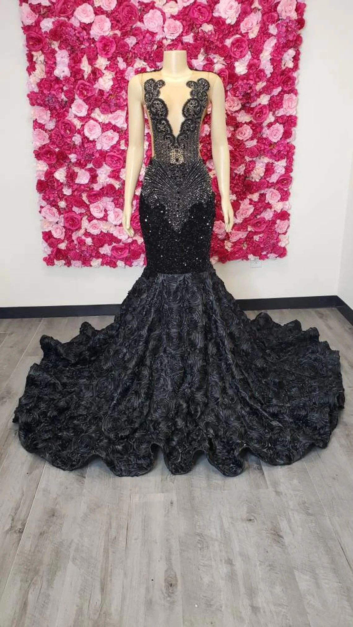 Black African American Prom Dresses Mermaid Sheer Sequins Floral Beaded Black Girls Nigeria Robe De Soiree Evening Gown