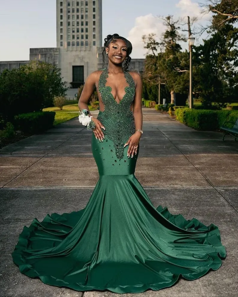 Green African American Prom Dresses Mermaid Sheer Beaded Crystals Black Girls Nigeria Robe De Soiree Evening Dress Gown