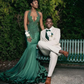 Green African American Prom Dresses Mermaid Sheer Beaded Crystals Black Girls Nigeria Robe De Soiree Evening Dress Gown