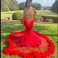 Red African American Prom Dresses Mermaid Sheer Tulle Beaded Feather Black Girls Nigeria Robe De Soiree Evening Dresses Gown