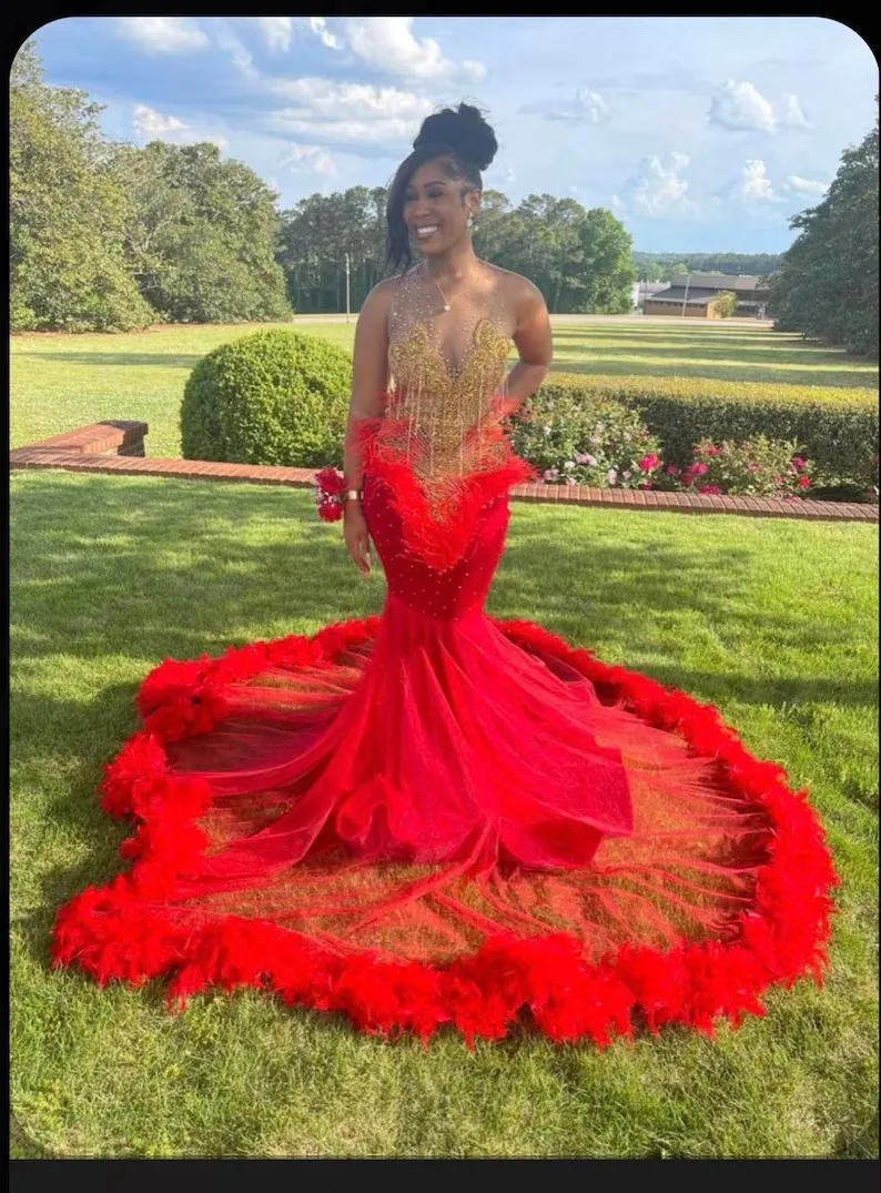 Red African American Prom Dresses Mermaid Sheer Tulle Beaded Feather Black Girls Nigeria Robe De Soiree Evening Dresses Gown