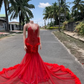 Red African American Prom Dresses Mermaid Sheer Tulle Beaded Feather Black Girls Nigeria Robe De Soiree Evening Dresses Gown