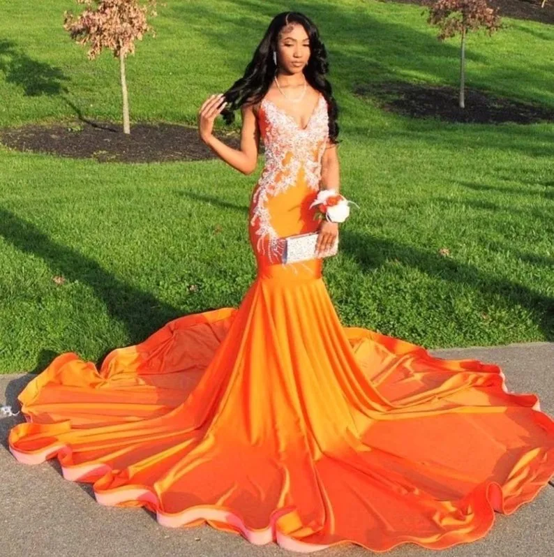 Orange African American Prom Dresses Mermaid V-neck Appliques Black Girls Nigeria Robe De Soiree Evening Dress Gown