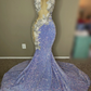 Lilac African American Prom Dresses Mermaid Sheer Sequins Appliques Beaded Black Girls Nigeria Robe De Soiree Evening Gown