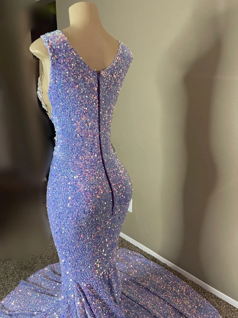 Lilac African American Prom Dresses Mermaid Sheer Sequins Appliques Beaded Black Girls Nigeria Robe De Soiree Evening Gown