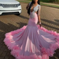 Pink African American Prom Dresses Mermaid Sheer Sheer Crystals Feather Black Girls Nigeria Robe De Soiree Evening Dress Gown