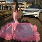 Pink African American Prom Dresses Mermaid Sheer Sheer Crystals Feather Black Girls Nigeria Robe De Soiree Evening Dress Gown