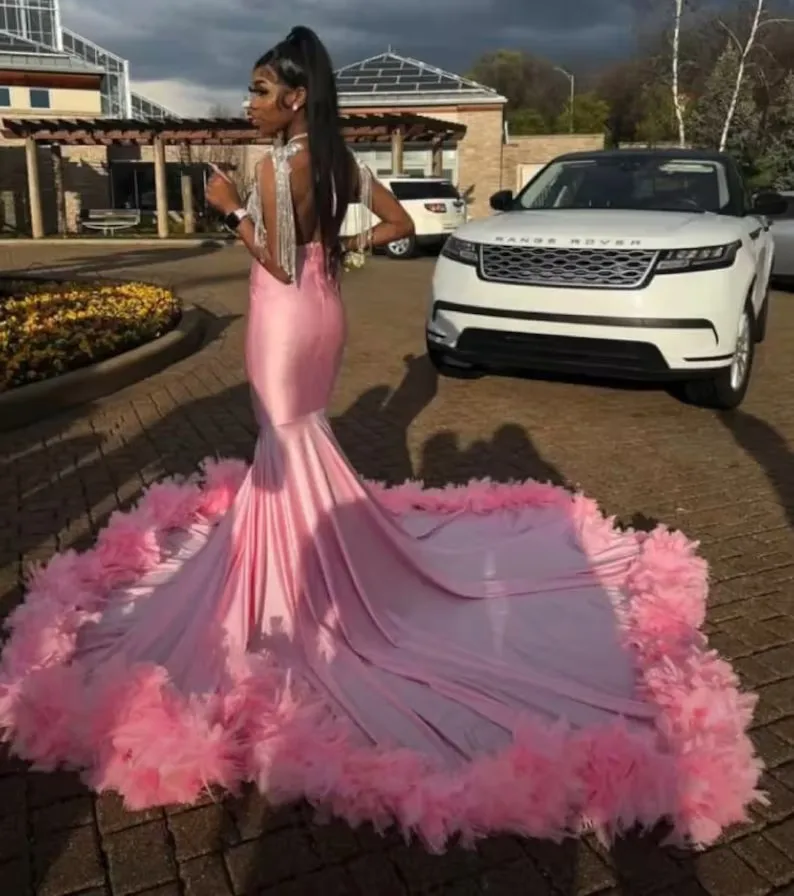 Pink African American Prom Dresses Mermaid Sheer Sheer Crystals Feather Black Girls Nigeria Robe De Soiree Evening Dress Gown