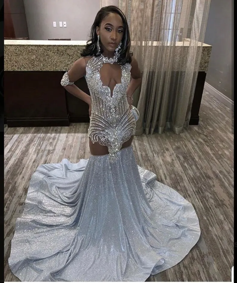 Sparkle African American Prom Dresses Mermaid Sheer Sequins Beaded Black Girls Nigeria Robe De Soiree Evening Dress Gown