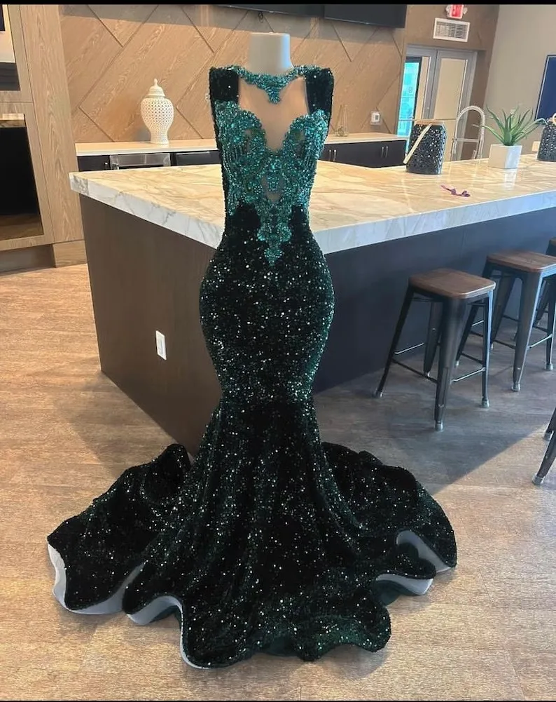 Green African American Prom Dresses Mermaid Sheer Sequins Beaded Crystals Black Girls Nigeria Robe De Soiree Evening Dress Gown