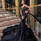 Black African American Prom Dresses Mermaid Long Sleeves Beaded Black Girls Nigeria Robe De Soiree Evening Dress Gown