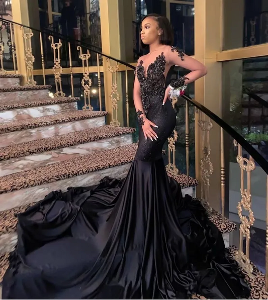 Black African American Prom Dresses Mermaid Long Sleeves Beaded Black Girls Nigeria Robe De Soiree Evening Dress Gown