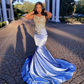 Sky Blue African American Prom Dresses Mermaid V-neck Velvet Appliques Black Girls Nigeria Robe De Soiree Evening Dress Gown