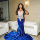 Royal Blue African American Prom Dresses Mermaid Sheer Velvet Beaded Black Girls Nigeria Robe De Soiree Evening Dress Gown