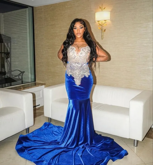 Royal Blue African American Prom Dresses Mermaid Sheer Velvet Beaded Black Girls Nigeria Robe De Soiree Evening Dress Gown