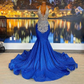 Royal Blue African American Prom Dresses Mermaid Halter Sequins Beaded Black Girls Nigeria Robe De Soiree Evening Dress Gown