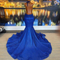 Royal Blue African American Prom Dresses Mermaid Halter Sequins Beaded Black Girls Nigeria Robe De Soiree Evening Dress Gown