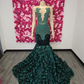 Green African American Prom Dresses Mermaid Sheer Sequins Floral Beaded Black Girls Nigeria Robe De Soiree Evening Dress Gown