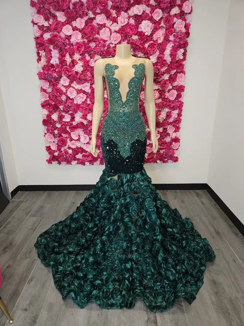 Green African American Prom Dresses Mermaid Sheer Sequins Floral Beaded Black Girls Nigeria Robe De Soiree Evening Dress Gown