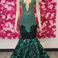 Green African American Prom Dresses Mermaid Sheer Sequins Floral Beaded Black Girls Nigeria Robe De Soiree Evening Dress Gown