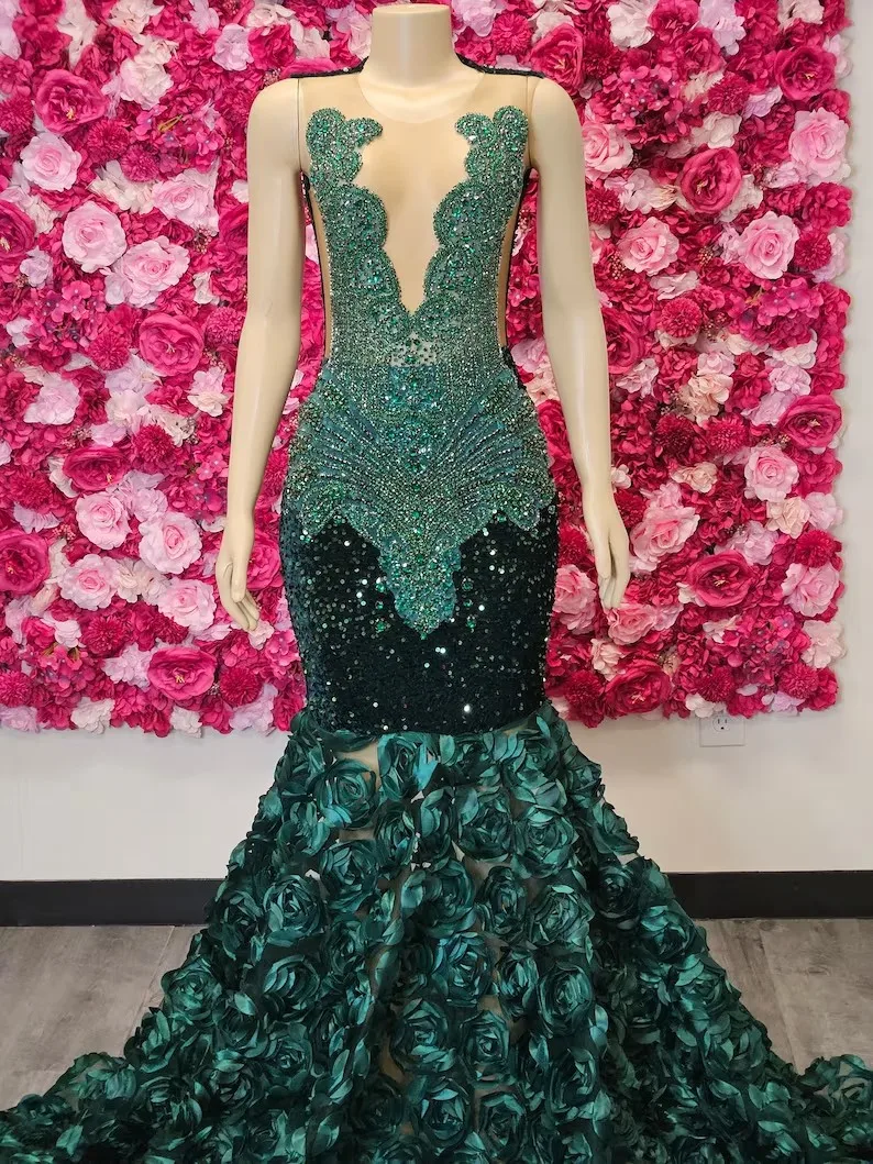 Green African American Prom Dresses Mermaid Sheer Sequins Floral Beaded Black Girls Nigeria Robe De Soiree Evening Dress Gown