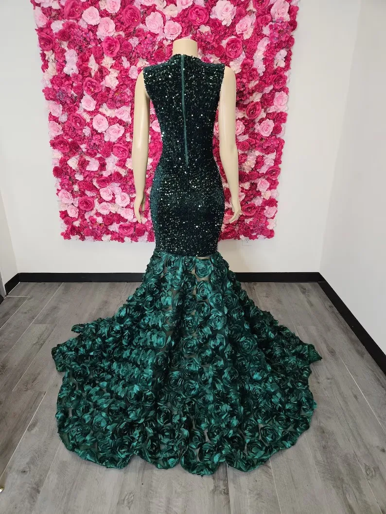 Green African American Prom Dresses Mermaid Sheer Sequins Floral Beaded Black Girls Nigeria Robe De Soiree Evening Dress Gown