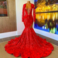 Red African American Prom Dresses Mermaid Sheer Long Sleeves Lace Black Girls Nigeria Robe De Soiree Evening Dress Gown