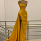 Gold Haute Couture Prom Dresses A-line One-shoulder Slit Beaded Saudi Arabia Dubai Robe De Soiree Evening Dress Gown