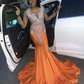 Orange African American Prom Dresses Mermaid Sheer Beaded Crystals Black Girls Nigeria Robe De Soiree Evening Dress Gown