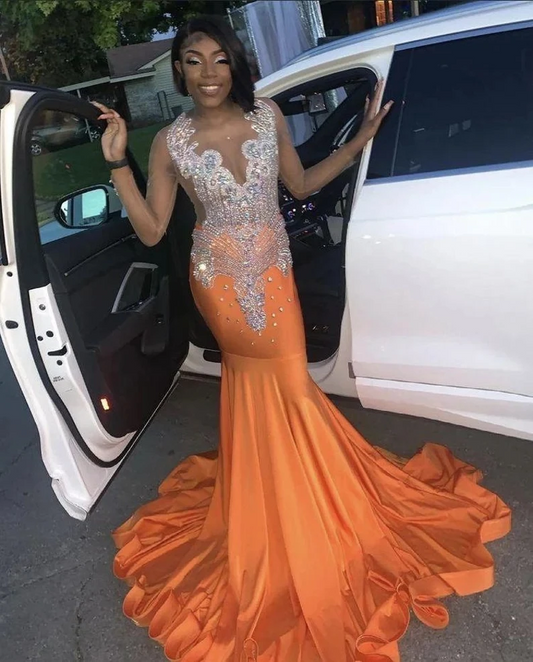 2022 Womens Black Feather Orange Mermaid Prom Dresses With Beading
