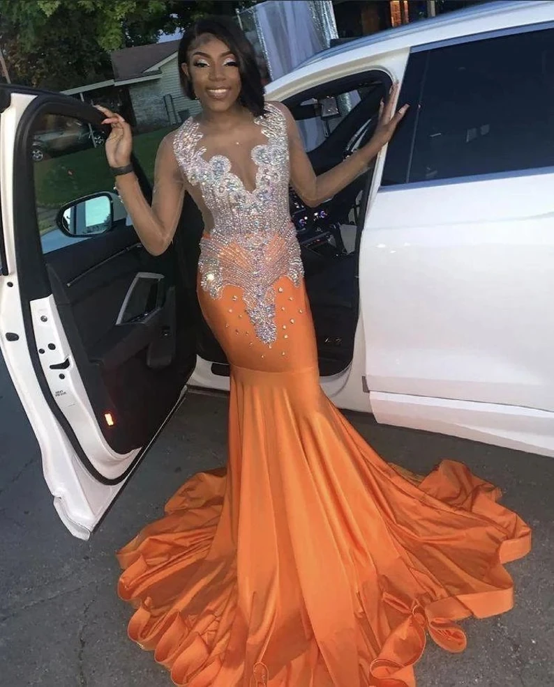 Orange African American Prom Dresses Mermaid Sheer Beaded Crystals Black Girls Nigeria Robe De Soiree Evening Dress Gown