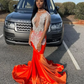 Red African American Prom Dresses Mermaid Sheer Velvet Beaded Crystals Black Girls Nigeria Robe De Soiree Evening Dress Gown