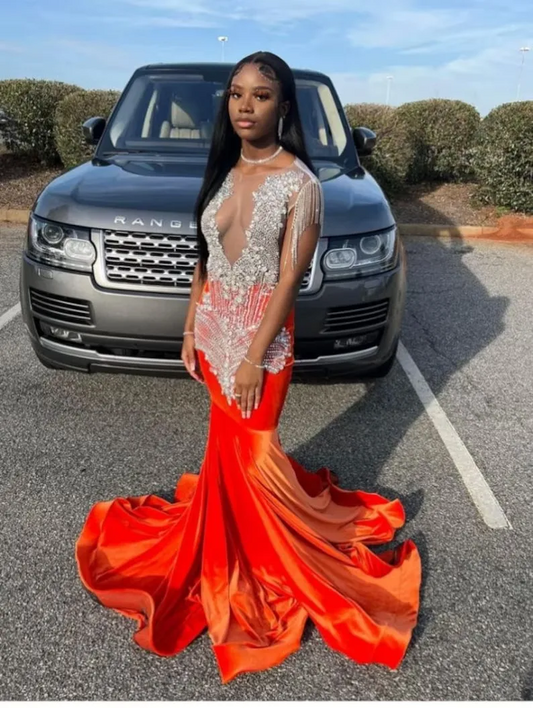 Red African American Prom Dresses Mermaid Sheer Velvet Beaded Crystals Black Girls Nigeria Robe De Soiree Evening Dress Gown