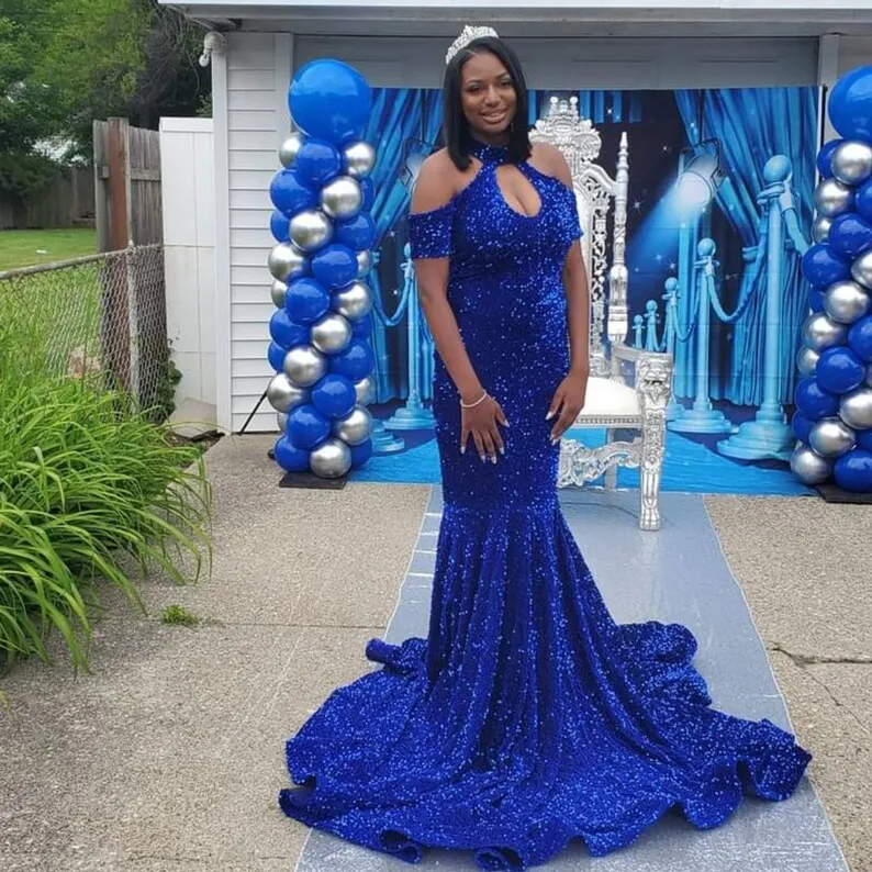 Royal Blue African American Prom Dresses Mermaid Halter Sequins Sparkle Black Girls Nigeria Robe De Soiree Evening Dress Gown