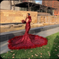 Burgundy African American Prom Dresses Mermaid Long Sleeves Lace Feather Black Girls Nigeria Robe De Soiree Evening Dresses Gown