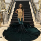 African American Prom Dresses Mermaid Sheer Velvet Beaded Crystals Black Girls Nigeria Robe De Soiree Evening Dress Gown