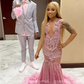 Sparkly Pink Diamond Crystals Mermaid Prom Dresses 2024 For Black Girls Beading Sequins Long Elegant Birthday Party Gown