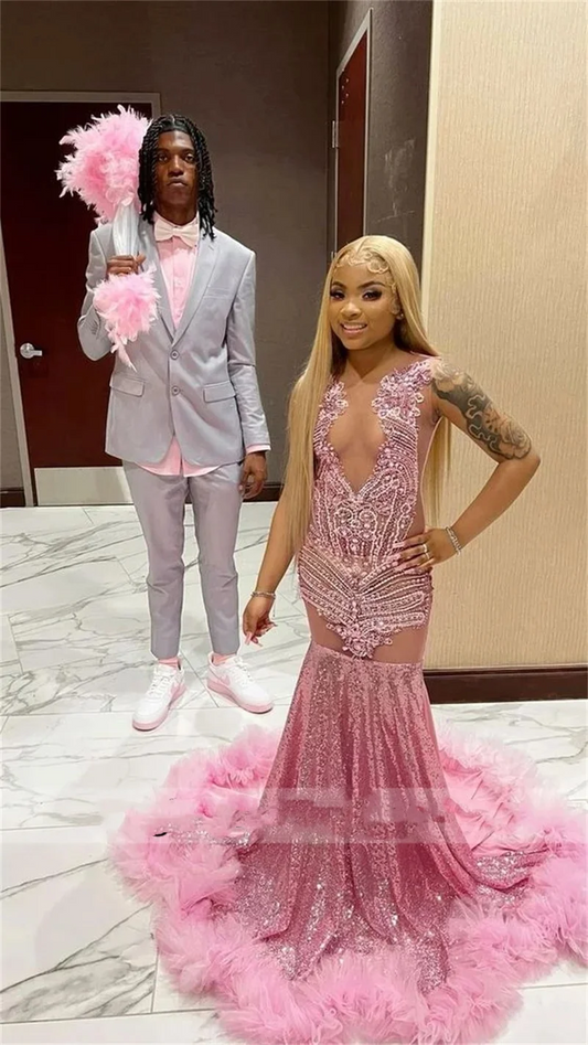 Sparkly Pink Diamond Crystals Mermaid Prom Dresses For Black Girls Beading Sequins Long Elegant Birthday Party Gown