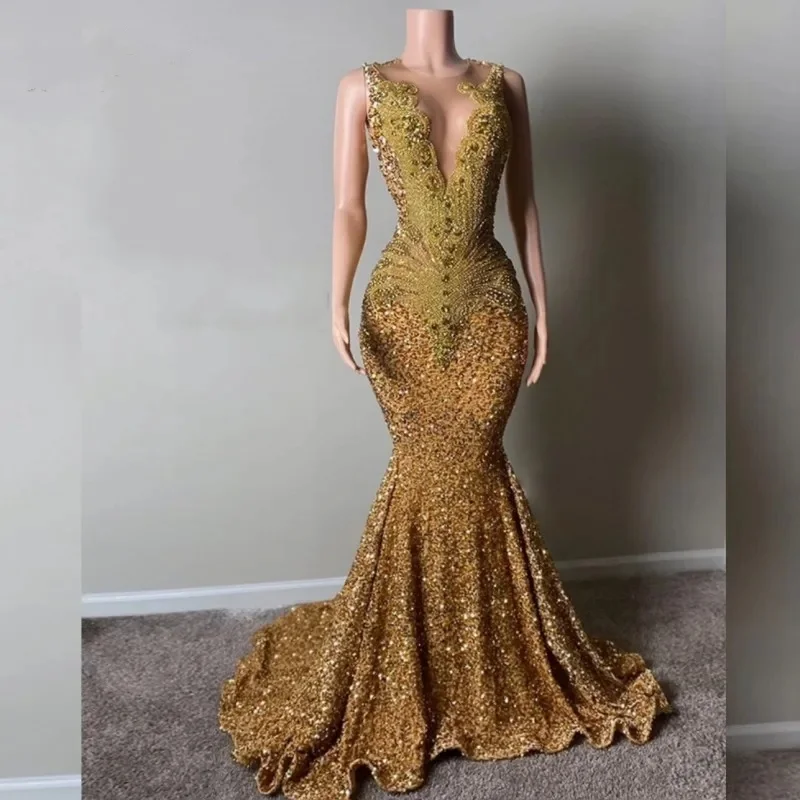 Shinny Gold Sequin Prom Dress For Black Girls Rhinstone Mermaid Party Gowns Sleeveless Africam Women Vestidos De Festa