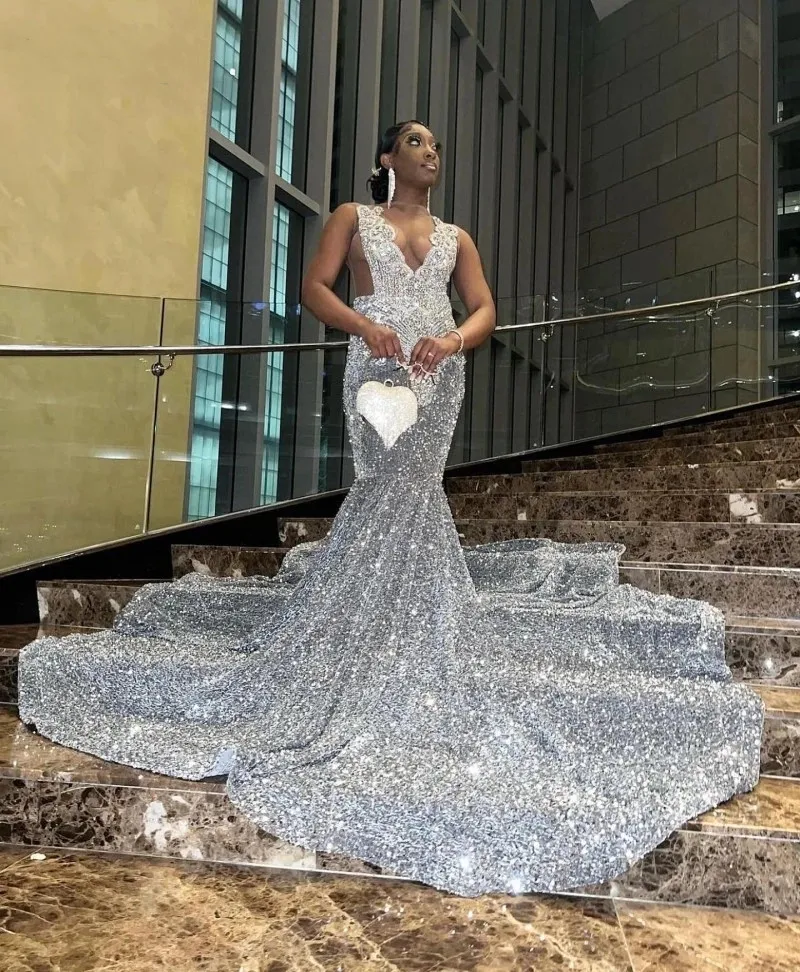 Sparkly Sliver Prom Dresses Beading African Black Girls Mermaid Party Gowns Sequin Evening Dress Vestidos De Graduacion