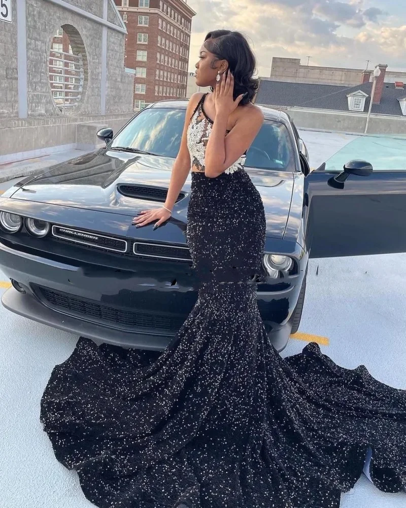 Sexy One Shoulder Sequin Prom Dresses For Black Girls Mermaid Evening Gowns Rhinestone Vestidos De Gala 2024 Party Dress