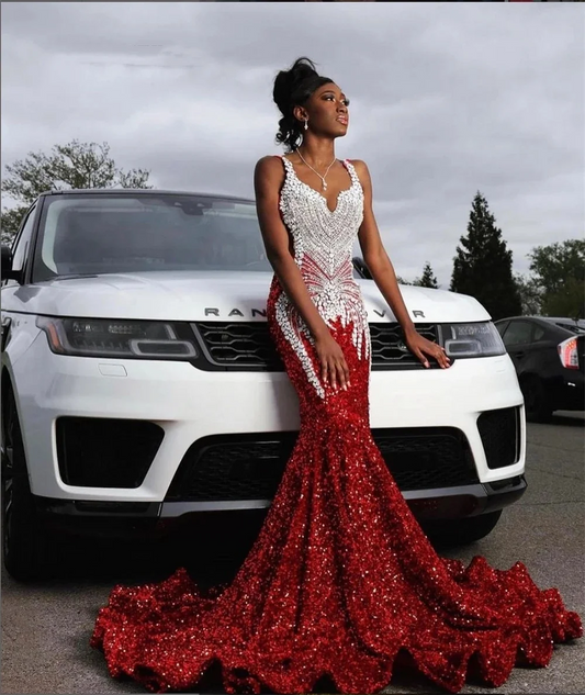 Luxury Red Sequins Mermaid Prom Dresses For Black Girl Sheer Neck Beades Plus Size Formal Evening Occasion Gowns