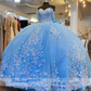 Princess Blue Off The Shoulder Ball Gown Quinceanera Dress Beaded Birthday Prom Dresses Appliques Graduation Gown Vestido De 15